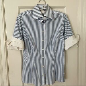 Hadleigh’s Striped Button Up Short Sleeved Shirt, Blue & White